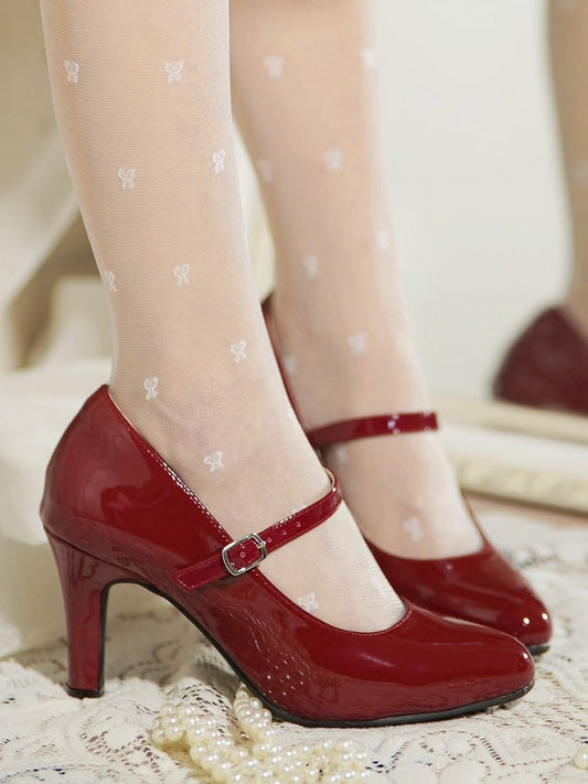 Lolita Red with Buckle Strap Leather Wine Elegant in Mid/High Heels PU