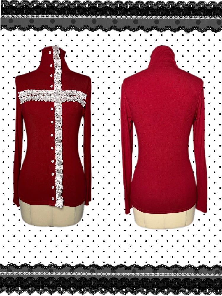 Front Polka Ruffled White Sleeves Red Gothic High-Neck - Top Christmas Cross Dot Button Long