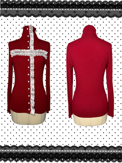 Front Polka Ruffled White Sleeves Red Gothic High-Neck - Top Christmas Cross Dot Button Long