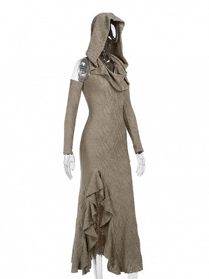 Slit Cuffs Wasteland Khaki Dress with Detachable Thigh Hooded Sleeveless Mermaid