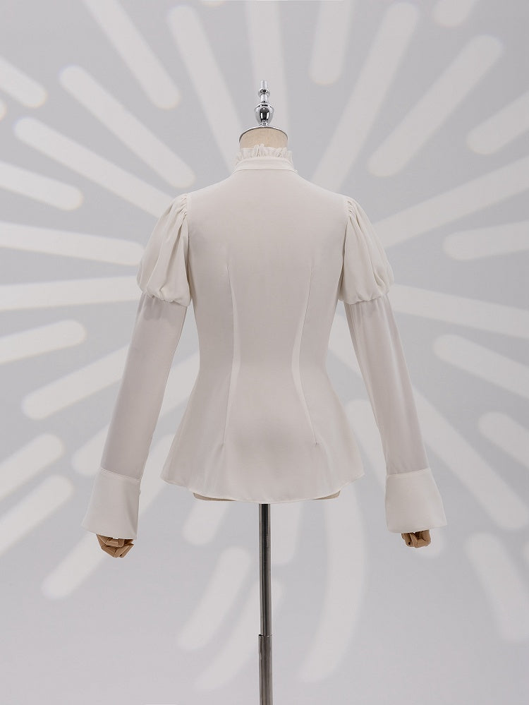 White Long Juliette Sleeve Shirt with Ruffled Neckline and Jabot - DevilInspired Exclusive Collection