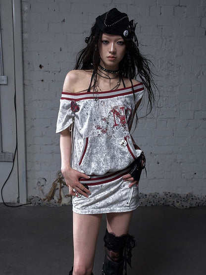 Asymmetrischer Ausschnitt Grau/Weiß Wasteland Punk Distressed Kleid