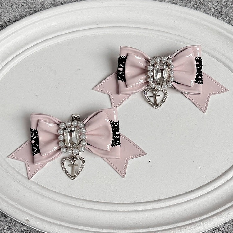 Pink Bowknot Decor Kei Shoe Jirai Black Pink/White Clips Beaded -
