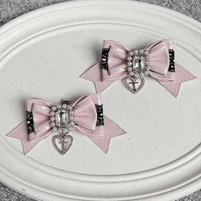 Pink Bowknot Decor Kei Shoe Jirai Black Pink/White Clips Beaded -