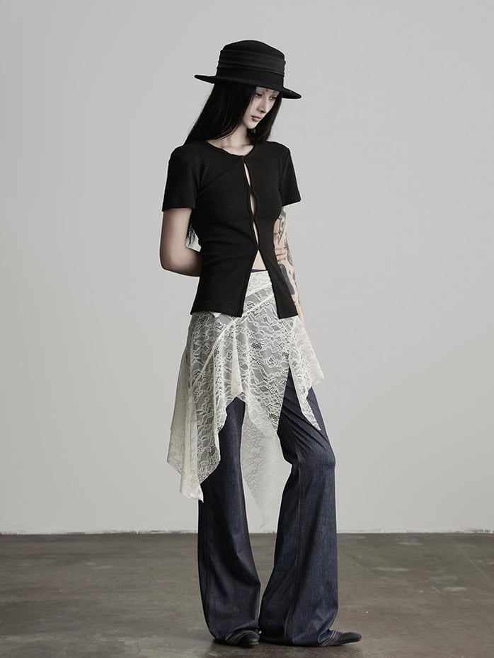 Goth Skirted Urban Denim-Like Pants Cincher Asymmetrical White Blue Lace Flared with Waist Dark