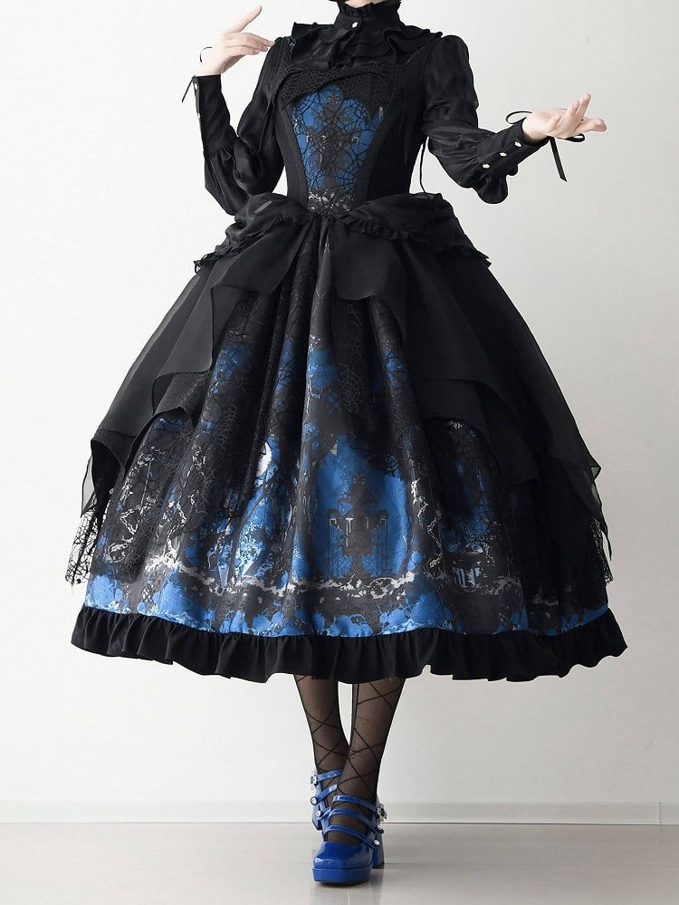 Blue with Layered Dress Irregular Lolita Gothic Overlay JSK Black