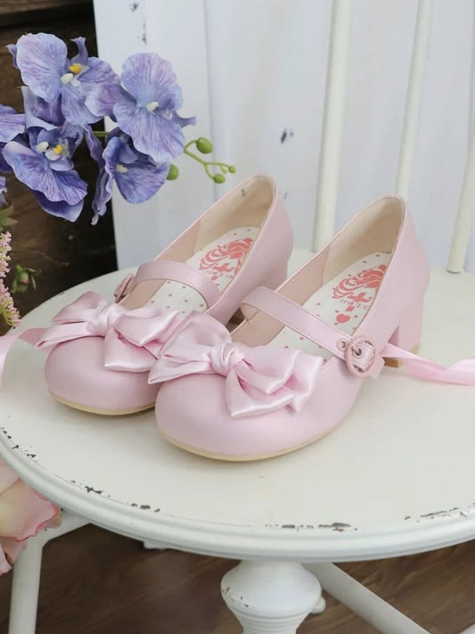 Mary - Lace-up Bow at Toe Pink Janes Top Round PU Ankle