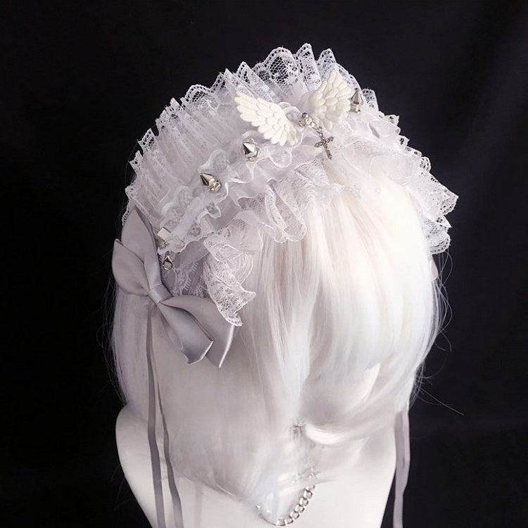 Hairband Wing Lace Cross Details Black/White decorated Studs Bow with