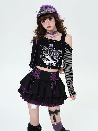 Asymmetrical Devil Print Long-Sleeve Top in Black - CRAZY GIRL