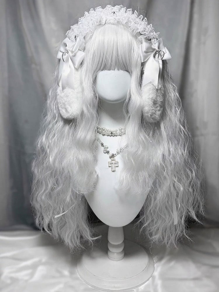 White Full Bangs 60cm Long Wavy Wig with Double Ponytails - Universe Opening
