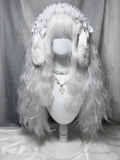 White Full Bangs 60cm Long Wavy Wig with Double Ponytails - Universe Opening