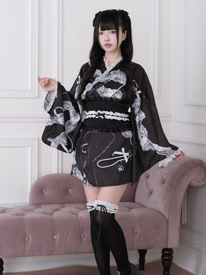 Black Yukata-Inspired Jirai Kei Lace Print Cross Collar Top with Lace Details - No Genki