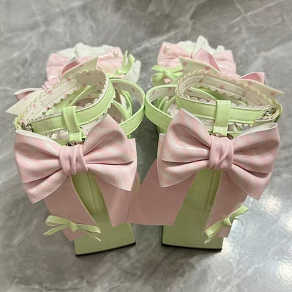 Bows with Striped Janes Lolita Heel Green Crisscross 8cm High Mary Light Block Design