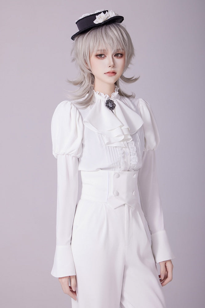 White Long Juliette Sleeve Shirt with Ruffled Neckline and Jabot - DevilInspired Exclusive Collection