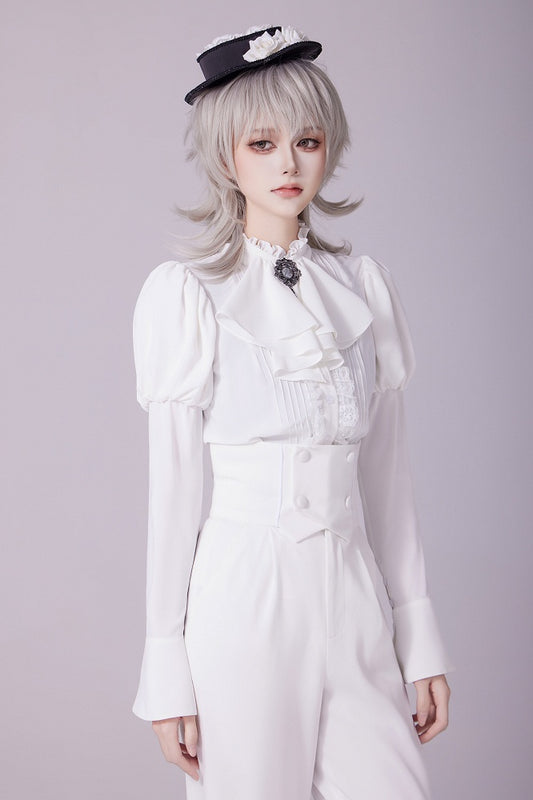 White Long Juliette Sleeve Shirt with Ruffled Neckline and Jabot - DevilInspired Exclusive Collection