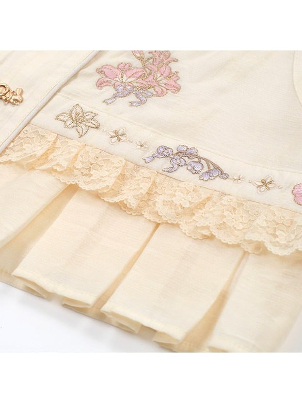 Cottagecore Beige Floral Embroidered Vest with Ruffle & Lace - Yimu Walnut