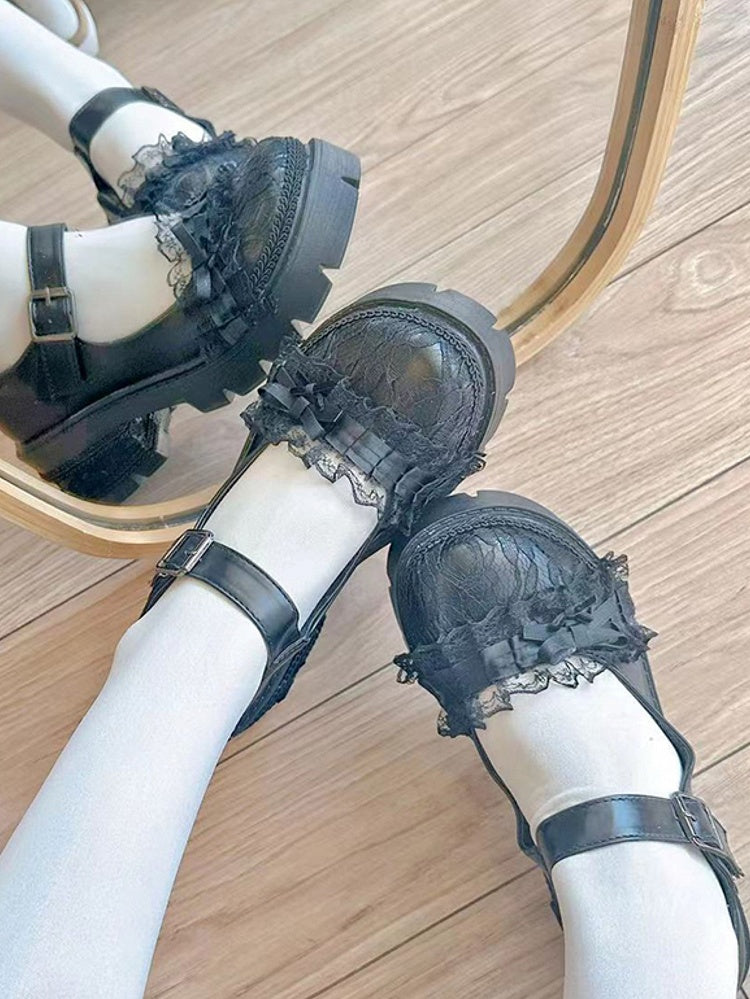 with Design Mid-heel Toe Black 6cm Elegant Lolita Round Platforms