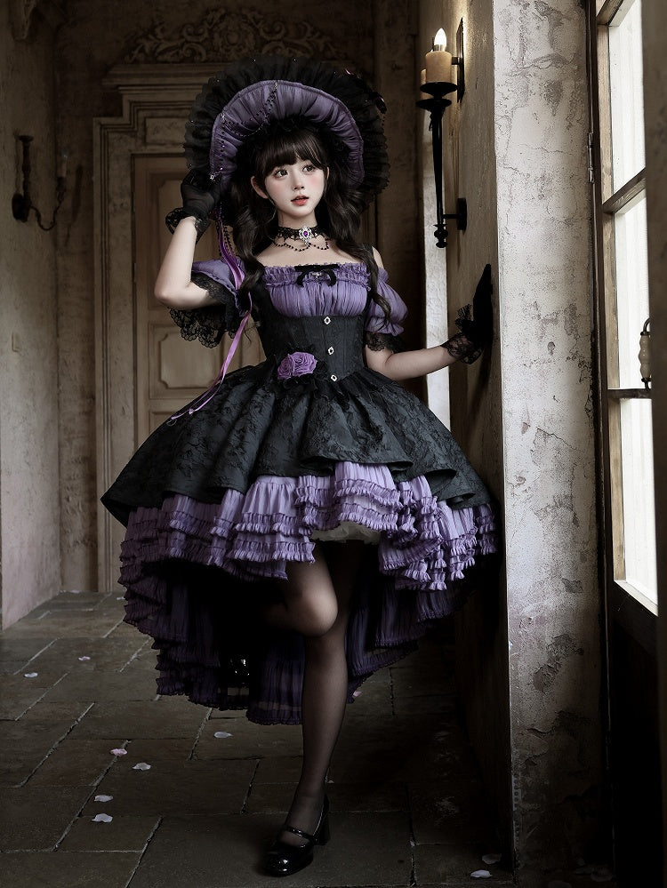 Gothic Underbust JSK Dress with Off-Shoulder Blouse, Purple & Black, High-Low Skirt - Sheer Ocean