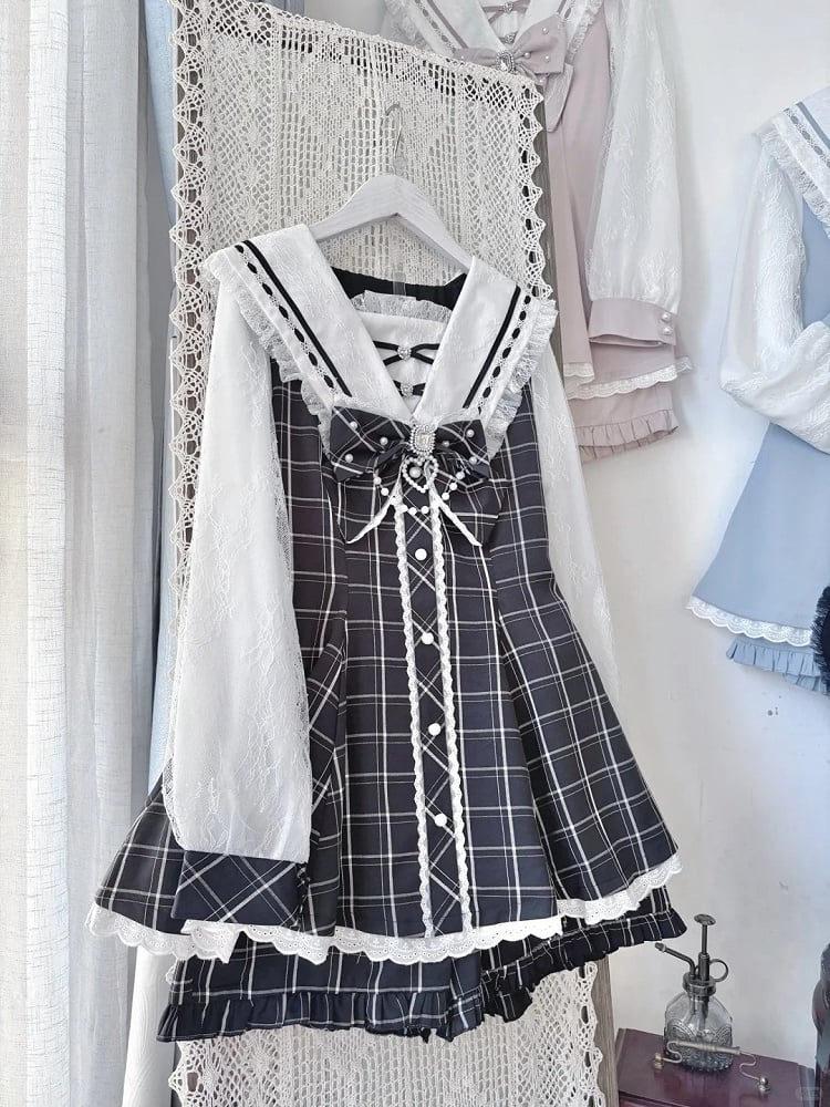 Jirai Collar Dress Beaded Tie Long Set Shorts Kei with - Black Mini Bow Plaid Sleeves and Sailor