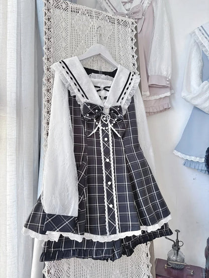 Jirai Collar Dress Beaded Tie Long Set Shorts Kei with - Black Mini Bow Plaid Sleeves and Sailor