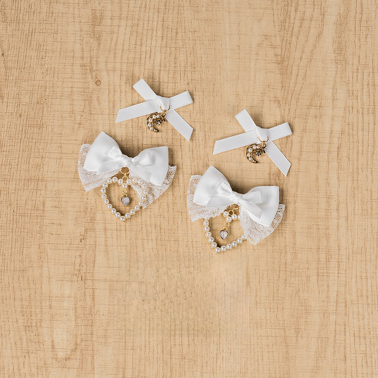 Charm Bowknot Hairclips Jirai Kei White with Beaded Moon/Heart