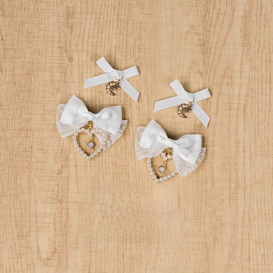 Charm Schleife Haarspangen Jirai Kei Weiß mit Perlen Mond/Herz