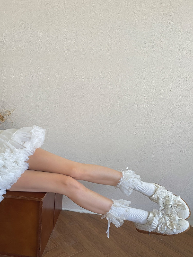 Lolita Star White/Black Trim Mesh Calf Pattern Sockswith Bow Decoration