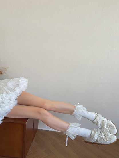 Lolita Star White/Black Trim Mesh Calf Pattern Sockswith Bow Decoration