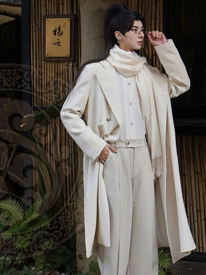 in Style Beige Chinese Coat Vent Design Unisex Front Buttoned Scarf Side Set with