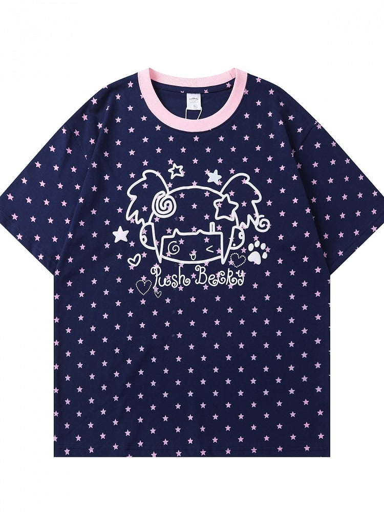 Dark Blue Short Sleeve Tee with Star & Cartoon Girl Print - Languid Park