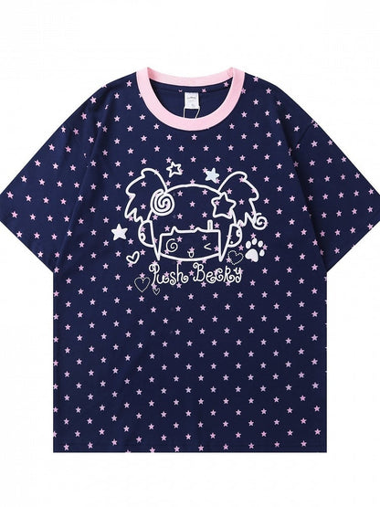 Dark Blue Short Sleeve Tee with Star & Cartoon Girl Print - Languid Park