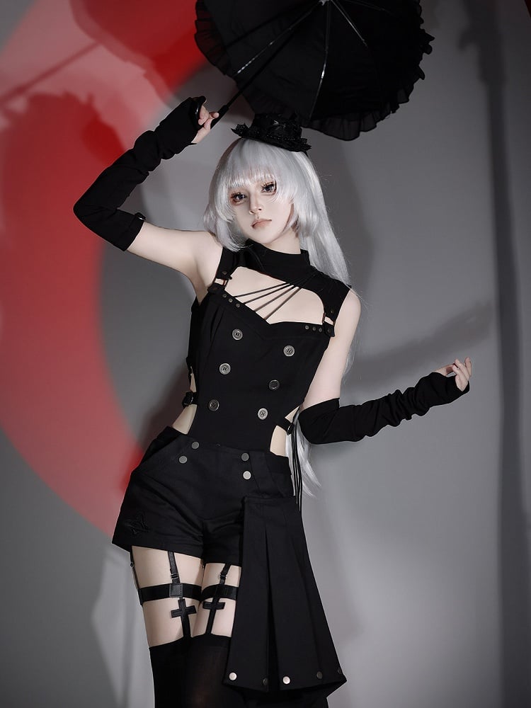 Gothic Lolita Black Top with Asymmetrical Design, Metal Buckle Detail, Shorts and Wrist Cuffs Set - Unknown Star