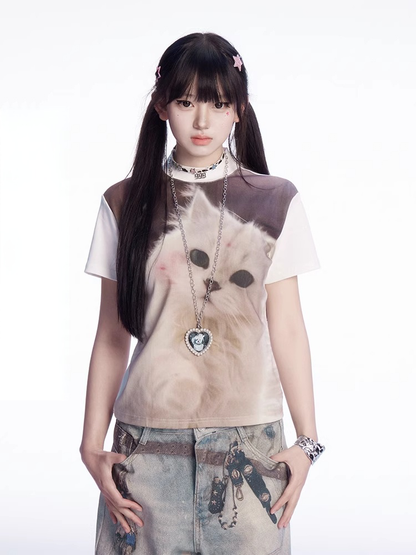 Weißes T-Shirt mit Rundhalsausschnitt und Vintage-Kätzchen-Print in schmaler Passform