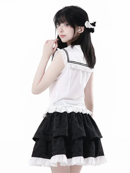 水玉模様のティアードスカート レース ホワイトトリム ブラック