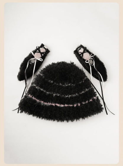 Black and Pink Plush Hat with Detachable Bunny Ears