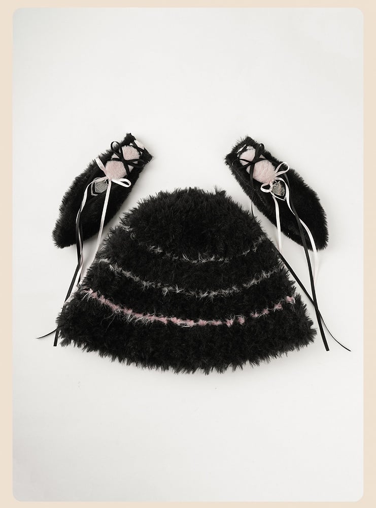 Black and Pink Plush Hat with Detachable Bunny Ears