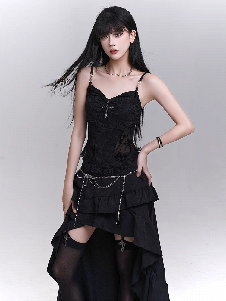 with Beaded Black Lace Patches Waist Cross Decorated Cami Top Chains