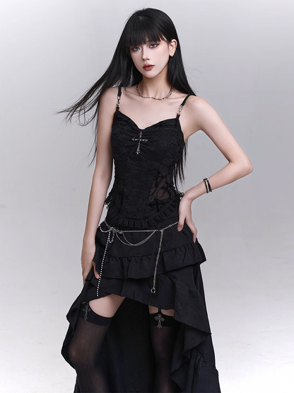 with Beaded Black Lace Patches Waist Cross Decorated Cami Top Chains