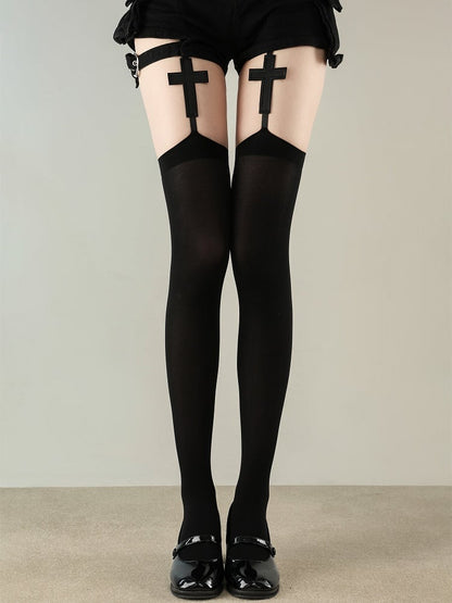 Style Cross Gothic Suspender Big White/Black Stockings