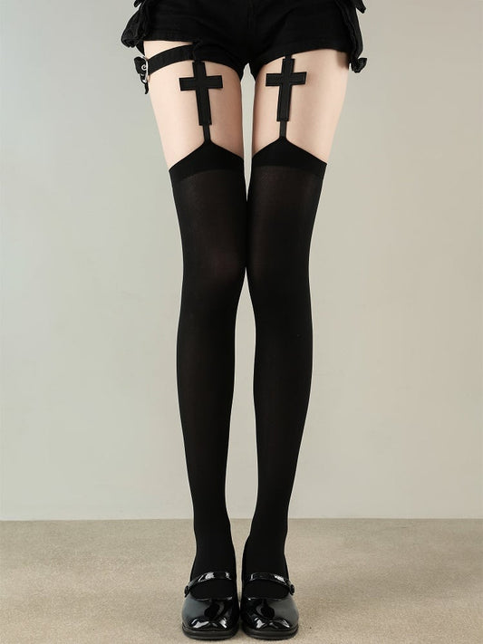 Style Cross Gothic Suspender Big White/Black Stockings