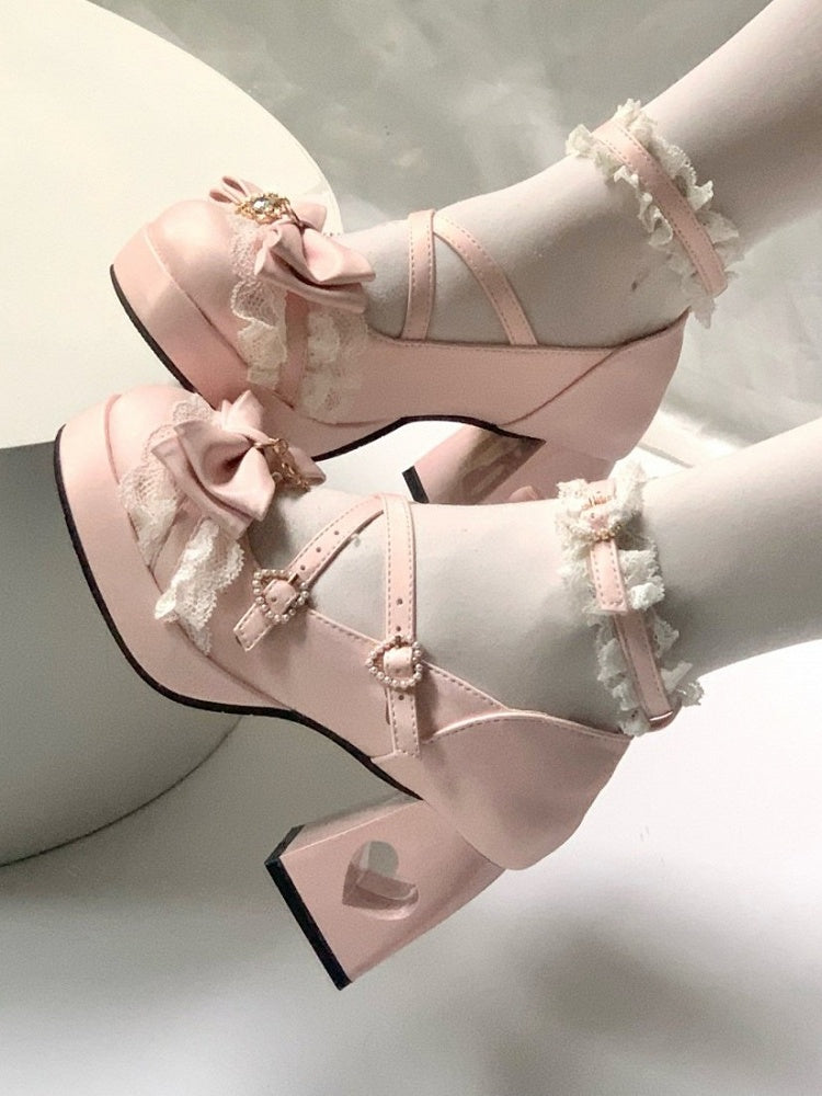 4 Colors 2cm Platform Pendant Detail Lolita Mary Jane Shoes with Bow and Lace Trim - Unmissable Berry