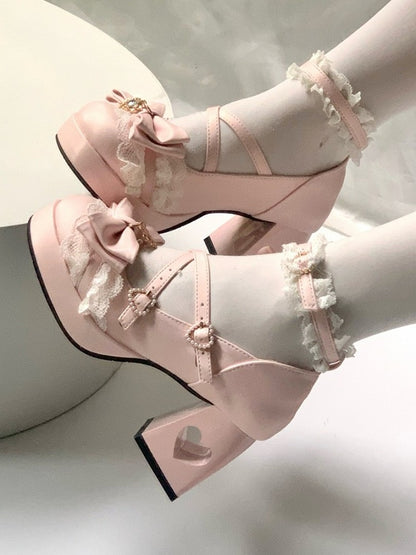 4 Colors 2cm Platform Pendant Detail Lolita Mary Jane Shoes with Bow and Lace Trim - Unmissable Berry
