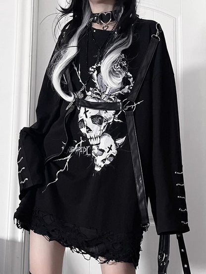 Punk Straps Heart Accents Top Print Long-Sleeve Black Gray Chain Cuff PU with Subculture