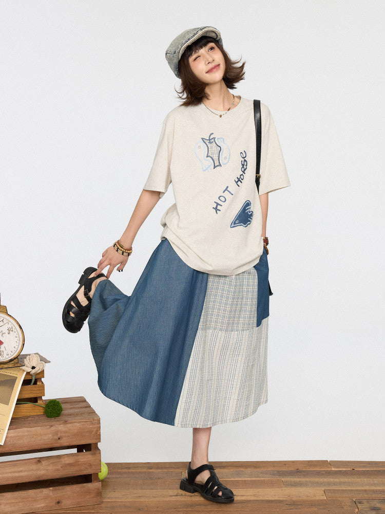 Gray Kawaii T-shirt Patch Details Embroidery Cute