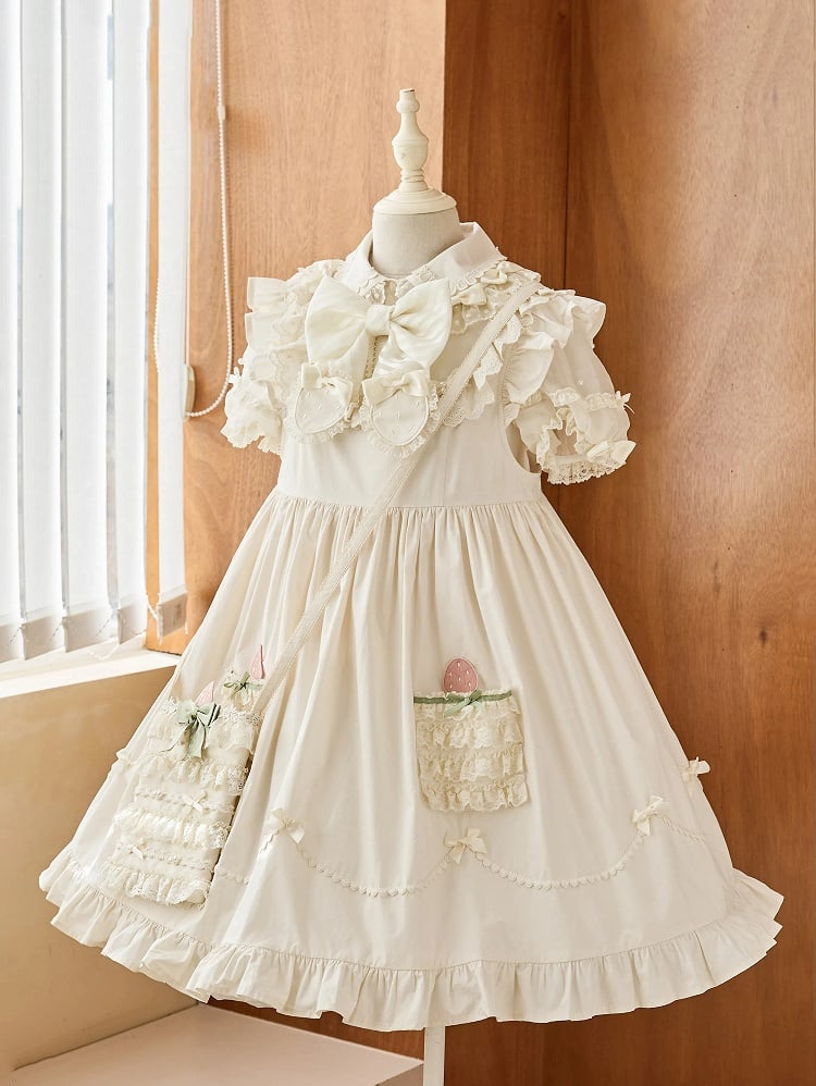 Beiges Baumwoll-Überkleid mit hoher Taille und Erdbeer-Applikation