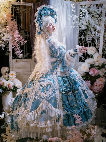 with Sleeves Sweetheart and Ruffle Layers Bell Applique Gorgeous Blue Gown Hime Lolita Beaded Lace