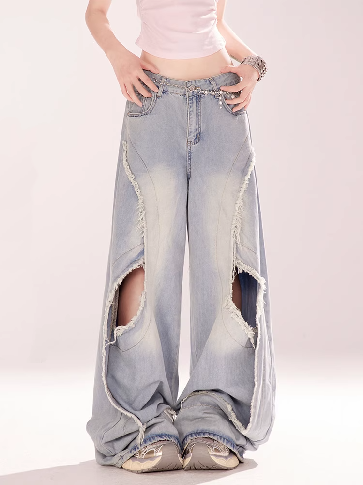 Blue Low Rise Distressed Hole Vintage Wide-leg Jeans Raw Hem