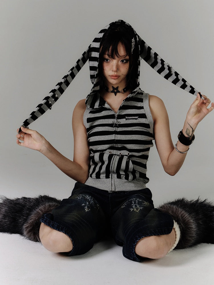 Vintage Bunny Ear Design Black  Grey Stripes Hood Y2K Tank Top
