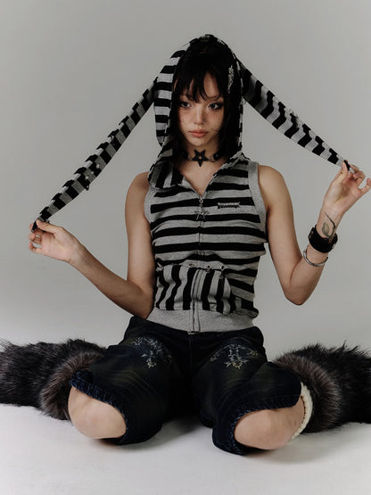 Vintage Bunny Ear Design Black  Grey Stripes Hood Y2K Tank Top