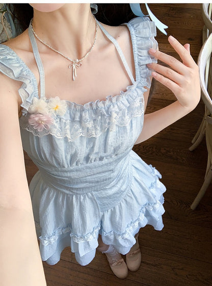 Ärmel Hellblau Flatterkleid Rock Asymmetrisch Chiffon Neckholder Stufen